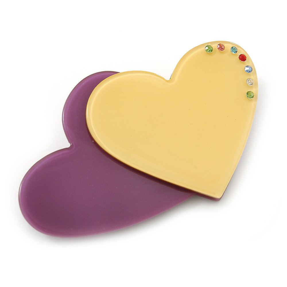 Purple/Yellow Austrian Crystal Double Heart Acrylic Brooch - 70mm Across