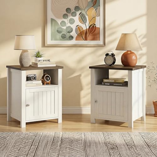ChooChoo Set of 2 Farmhouse Nightstand, Rustic Vintage End Side Table with Storage for Bedroom Living Room, White