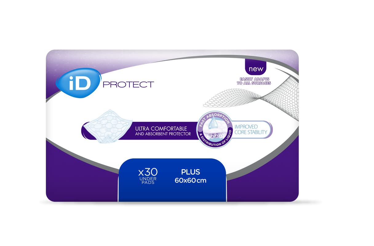 ID Expert Protect Plus Incontinence Bed Protector, Fast Absriotion Disposable Absorbent Sheets, Ultra Comfort, Size 60 cm x 60 cm, Pack of 30