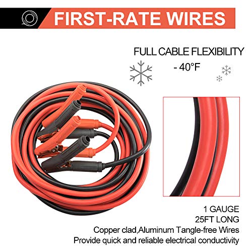 BUNKER INDUST 1-Gauge 25 Ft Battery Jumper Cables Heavy Duty 800A Emergency Booster Cables Kit with Carry Bag for Cars Trucks Suvs Booster Jump Start - Allow you to Boost Battery from behind a Vehicle