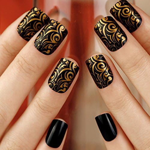 Art Plus 24pcs False Nails French Manicure Full Cover Divine Gold Black Medium Length with Glue Fake Nails