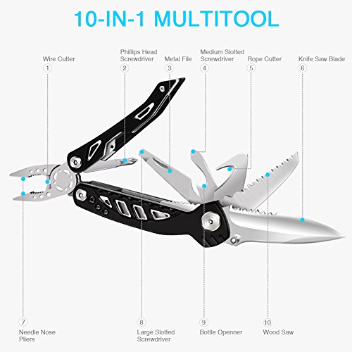 Multitool Knife Pohaku 10-in-1 Multi Purpose Pocket Knife Pliers tool Nylon Sheath Durable German Stainless Steel for Survival, Camping, Fishing, Hunting, Hiking, House and Office