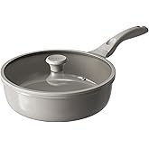Redchef Deep Ceramic Frying Pan with Lid, Nonstick Saute Pan Cookware All Cooktop Compatibility, Stay-Cool Handles, PFOA Free, Healthy Coating, Tempered Glass Cover, Even Heat, Grey (3.7Qt, 10")