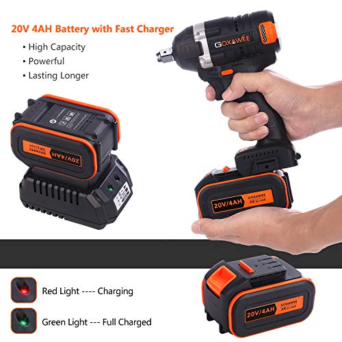 Cordless Impact Wrench 1/2 Inch - GOXAWEE 20V Electric Impact Gun (4Ah Battery, 300Nm, Brushless, 1/2 & 1/4 Inch Quick Chuck, 2-Speed, Tool Bag) - High Torque Impact Driver Kit for Home & DIY Project - Thumbnail 2
