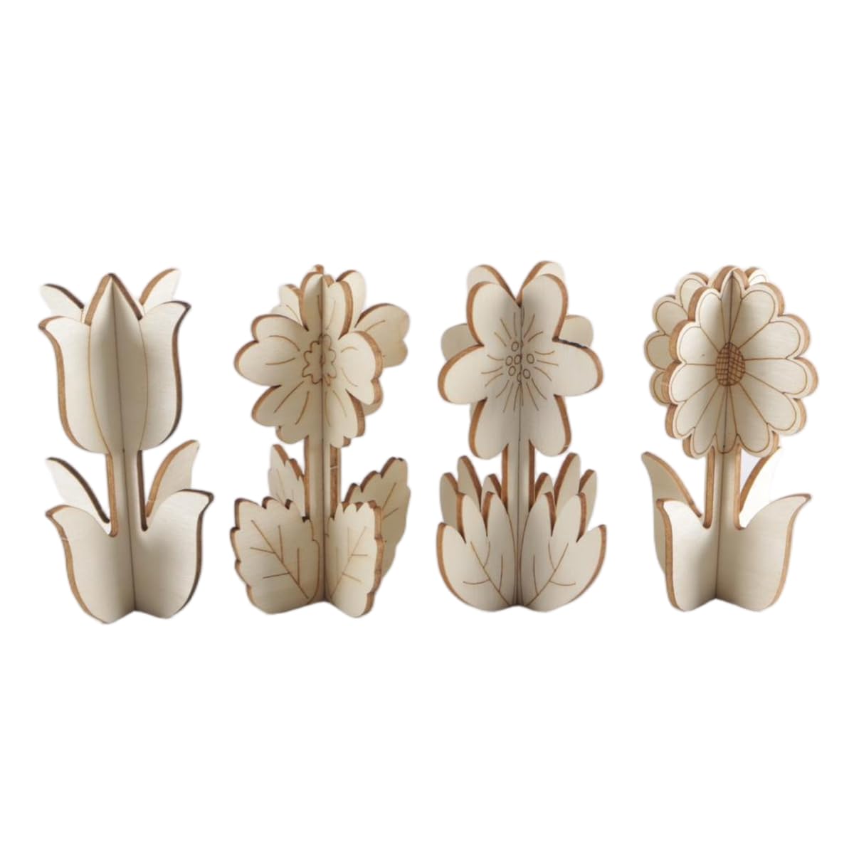 Durlo 24-Pack Wooden Flowers for Painting – 3D Craft Set with Brush, Colour Strips, Stickers, Tulip Stand & Flower Pots