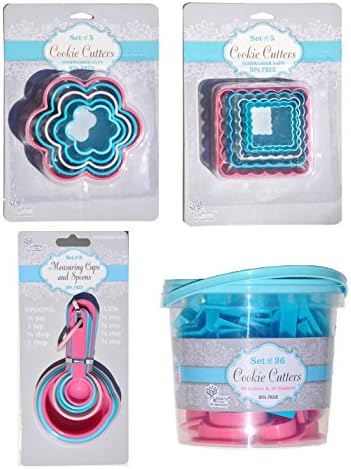 4 SET 36 Plastic ABC Alphabet Number Cookie Cutters 5 Piece Square and 5 Piece Flower Cookie Cutter Set and Matching Measuring Cup and Spoon Set