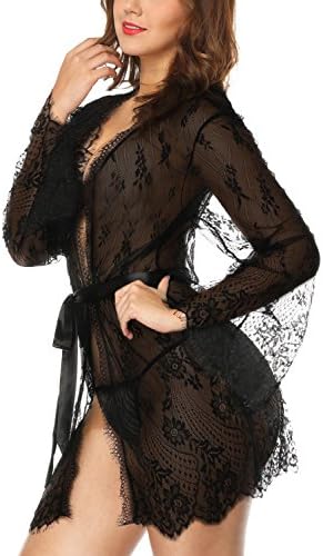 MYZDOU Women Lingerie Lace Kimono Babydoll Robe Mesh Nightgown Set