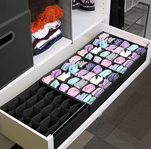 Paquete de 3 organizadores de cajones de ropa interior de calcetines,Organizador de almacenamiento con Divisores de Cajones Plegables de 72 celdas(3x24),Caja de almacenamiento de corbata (Negro)