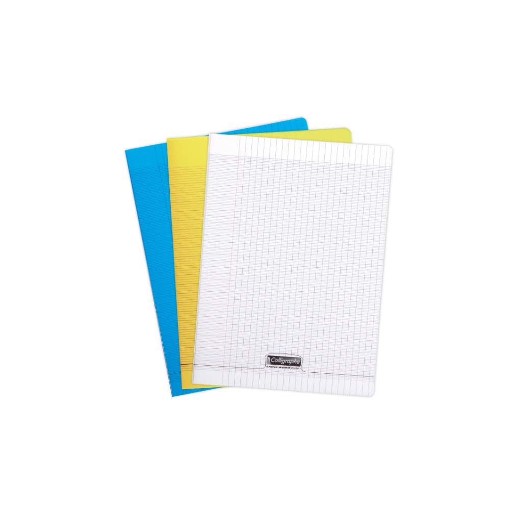 Calligraphe 182390AMZC Set of 3 Stapled Notebooks (Clairefontaine) 24x32cm - 140 Seyes Ruled Pages - 90g White Paper - Assorted Covers Blue, Yellow, Colourless