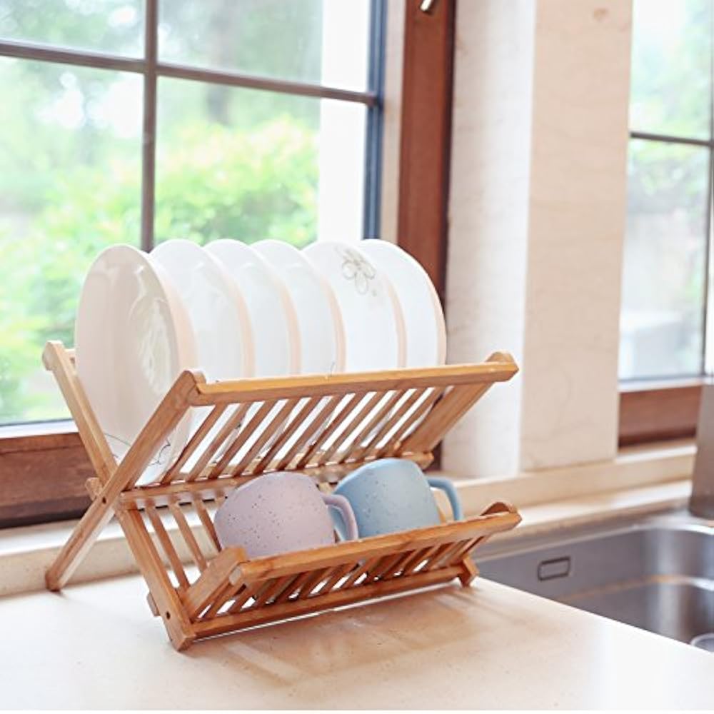 Artmeer Dish Racks Collapsible Bamboo Rack, Holding Plate Holder, Cup