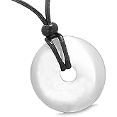 Amulet Magic Large Coin Shaped Donut Positive White Simulated Cats Eye Crystal Lucky Pendant Necklace