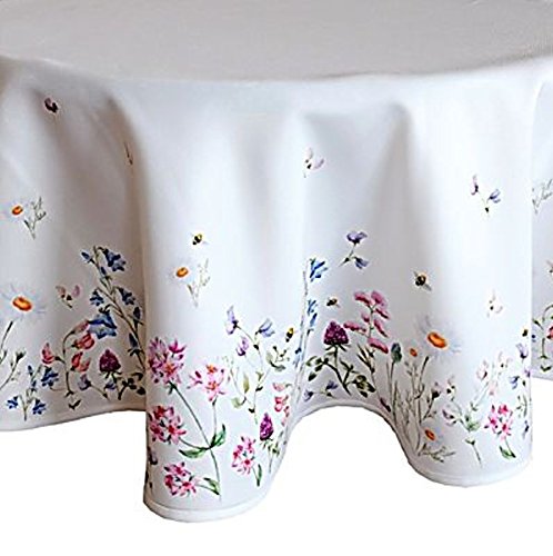 Tablecloth Round Easy Care White Flowers Meadow Colourful Spring Tablecloth, Polyester, Gedecktes Weiß, Bunt, 150 cm