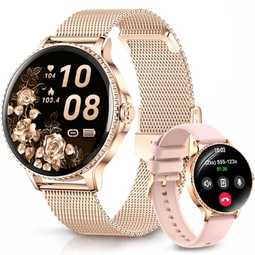 Smart Watch for Women, 1.27'' Ladies Smartwatch with Bluetooth Call Heart Rate SpO2 Sleep Monitor, 110+ Sports Modes, Step Counter, IP68 Waterproof Fitness Tracker for Android iOS, 2 Bands, Rose Gold