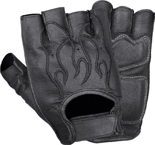 Men's Flame Embroidered Gel Palm Fingerless Gloves - Black, Red, Orange &amp; Gray (Large, Black Flame)