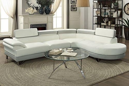 2Pcs Modern White Light Grey Faux Leather Sectional Sofa Chaise Set with Flip Up Headrest
