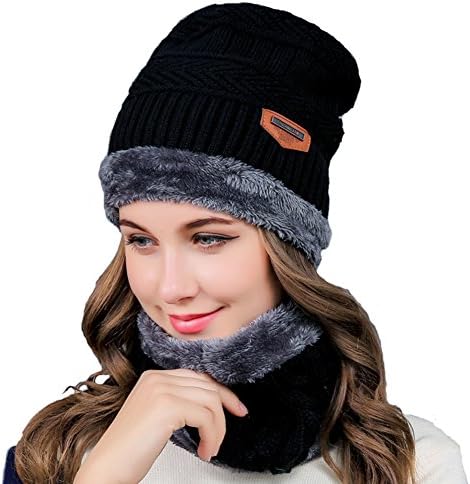 2-in-1 Winter Hat Scarf Set Beanie - Warm Knitted Hat with Fleece Lining - Outdoor Sports Skull Cap for Men & Women