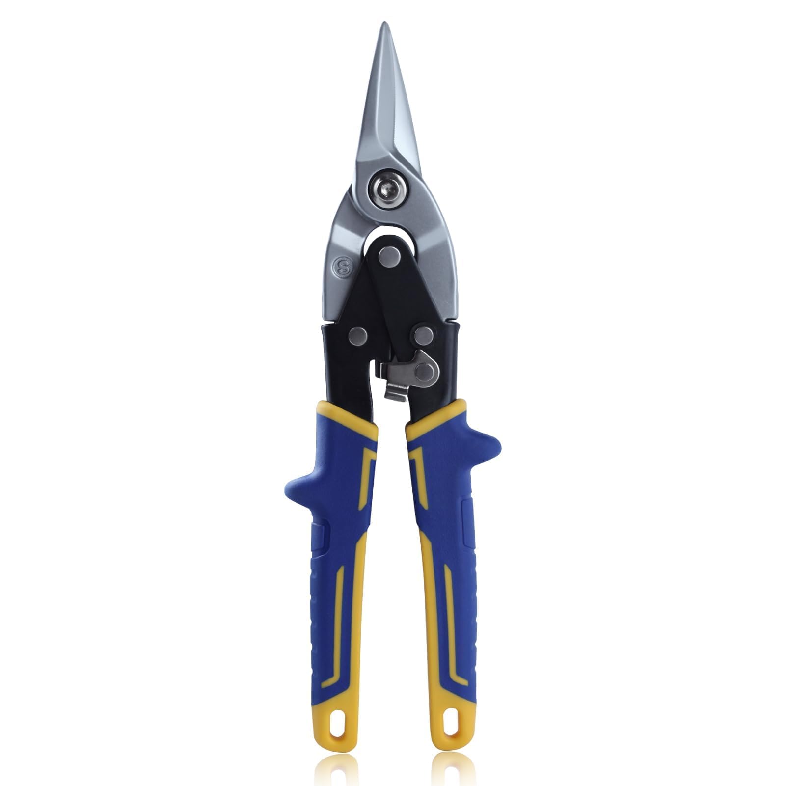 SPEEDWOX 10 Inch Straight Cut Aviation Tin Snips Offset Aviation Snip Labor Saving Tin Snip Wire Cutter for Cutting Metal Sheet with Serrated Jaws Non-Slip Handle Safety Latch and Hanging Hole