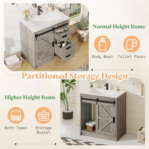 Jocisland Farmhouse Bathroom Vanity with Sink Combo, 31in Sliding Barn Door Bathroom Vanity Cabinet Set with Storage Drawers, Metal Handles, Small Single Bath Storage Vanity Sink, Light Grey