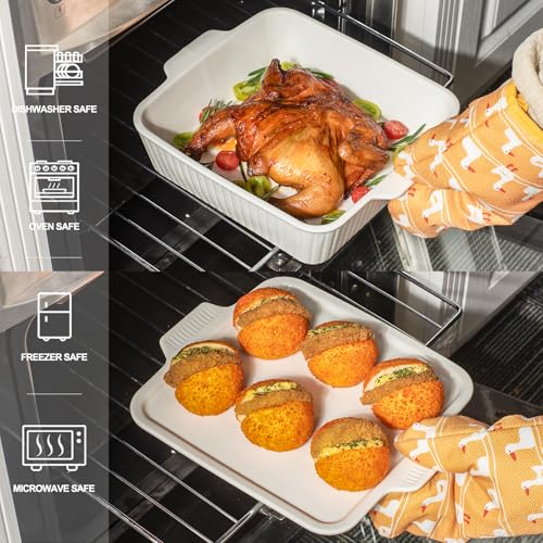 Dizada Casserole Dish for Oven with Lid, 10'' Square Baking Dish, 2-in-1 Ceramic Baking Dish, Baking Pan with Handles, Lasagna Pan Bakeware Oven Safe Baking Dish for Oven, Cake, Kitchen, Microwave, Dishwasher Safe, White