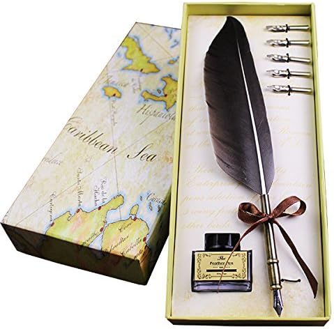 Vintage Dip Feather Pen Set with Ink and 5 Extra Metal Nibs Feather Quill Pen Calligraphy Writing Ink Dip Pen Set Wedding Gift Quill Pen and Ink Set
