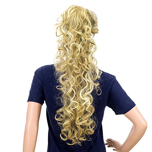 SWACC 24-Inch Long Messy Curls Claw Clip Ponytail Extensions Synthetic Clip in Drawstring Curly Ponytail Hairpiece Jaw Clip Hair Extensions (Beige/Blonde Mixed-24H613#)