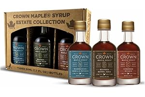Crown Maple Artisan Trio Collection in Petite 50ML (1.7 Fl. Oz.) Window Box featuring Bourbon Barrel Aged, Madagascar Vanilla Infused, and Cinnamon Infused Organic Maple Syrup