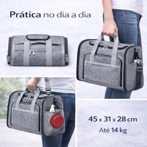 Bolsa de Transporte para Pets Grande em Poliéster com Tela Respirável, Cinza, 45x31x28cm, Aprovada para Avião, com Tapete Almofadado e Alça Ajustável