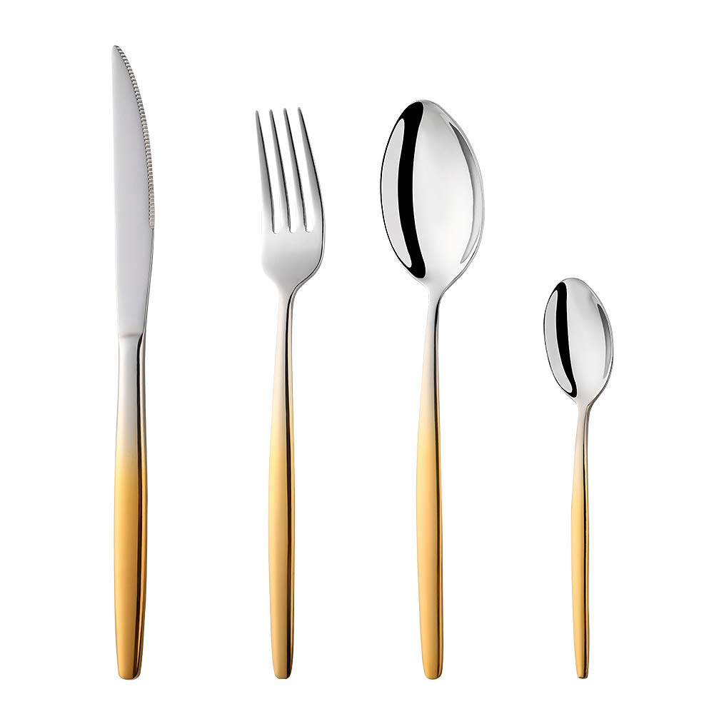 BISDARUN Stainless Steel Gold Coloured Handle Flatware Cutlery Set 4 Piece Silverware Tableware Set Service for 1, Spoon Fork Knives Set for Party Outdooor Camping Travel, Dishwasher Safe