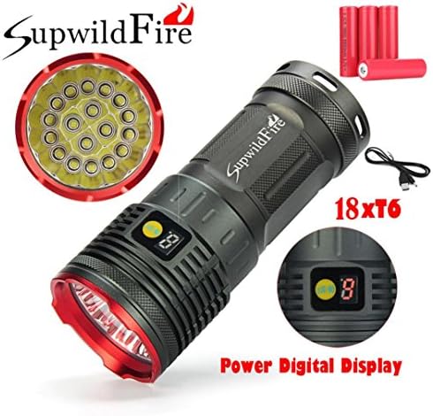 Digital LED flashlight - Diadia Supwildfire 55000LM 18 x XM-L T6 LED Power & Mode Digital Display Hunting Flashlight with a Neck Rope