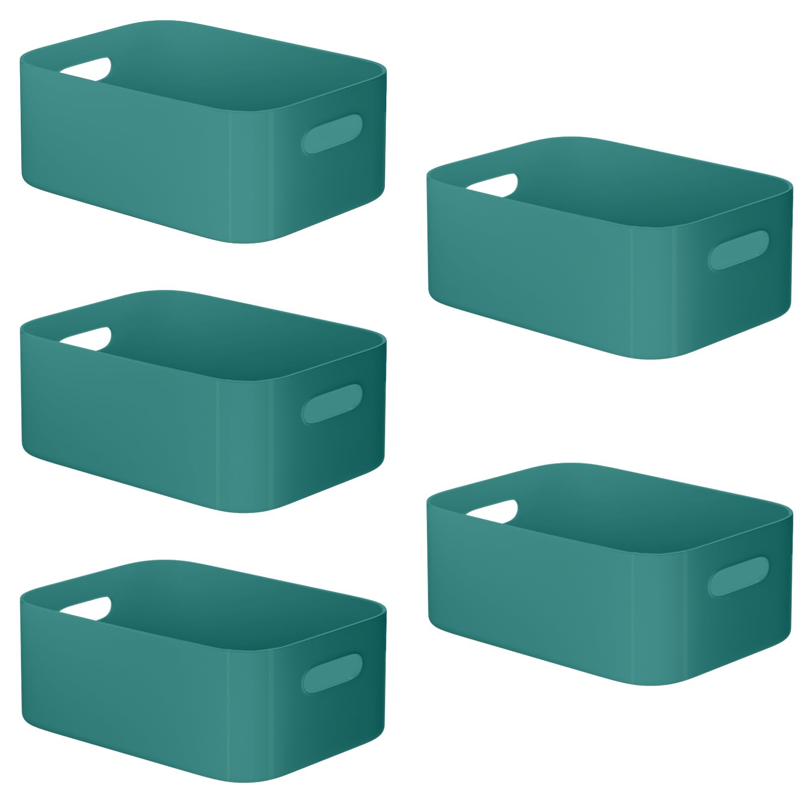 W&H 5 PCS Plastic Storage Boxes with Handle, Medium Storage Baskets, Rectangular Home & Kitchen Organiser, Plastic Boxes for Shelves, Bathroom, Office and School - 25×17×10cm (Green)