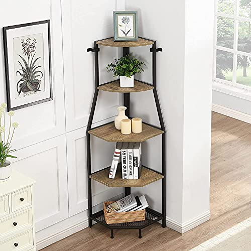 O&K FURNITURE 5Tier Tall Corner Bookshelf for Small Spaces, Industrial