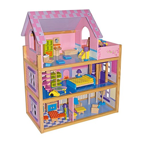 small foot 1535 Puppenhaus "Rosa" aus Holz, mit 3 Etagen, Wendeltreppe, Fahrstuhl und 23 Puppenmöbeln, ab 3 Jahren