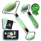 MoodbooM Best Jade Roller for Face  - Set of 2 Premium Double Neck Jade Facial Roller and Eye Massager - Made of Natural Xiuyan Jade Stones - Anti Aging Healing Slimming Therapy Tools  - Large Green