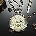 ManChDa Bronze Roman Numerals Mechanical Pocket Watch Open Face with Chain Men 24-Hour Moon Sun + Box