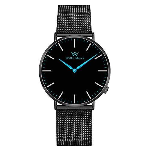 Welly Merck Swiss Movement Sapphire Crystal Women Luxury Watch Minimalist Ultra Thin Slim Analog Wrist Watch 18mm Black Stainless Steel Mesh Band Blue Hands 36mm Dial 164ft Water Resistant