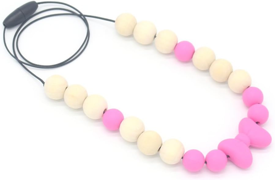 jigang Baby Teether Necklace Silicone Wood Pendant Beads Bow Knot Teething Nursing Toys