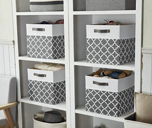 DECOMOMO Foldable Storage Bin [4-Pack] Collapsible Sturdy Cationic Fabric Storage Basket Cube W/Handles for Organizing Shelf Nursery (Grey Pattern and White, 12 x 12 x 12 x 12)