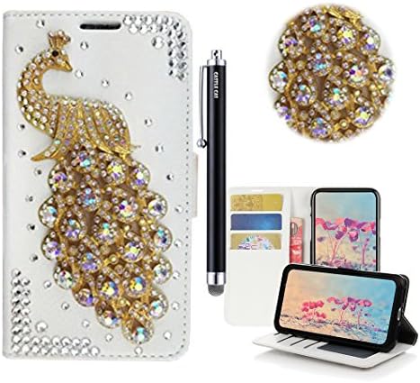 LG V20 Bling Wallet Case - Castle Cas 3D Handmade Sparkle Crystal Peacock PU Leather Anti-Scratch Card Slots Bumper Design Cover Case - Bling