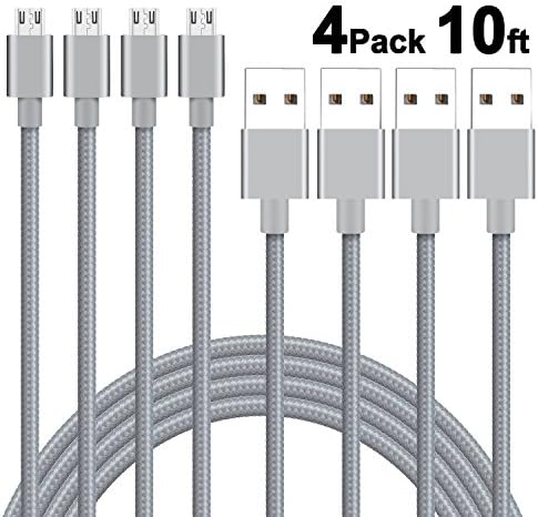 Micro USB Cable, Duractron 4Pack 10FT Premium Durable High Speed USB 2.0 to Micro USB Android Charging Cable for Samsung,Sony,Nexus,LG,PS4,Xbox One,Camera,MP3,tablet and More(Grey)
