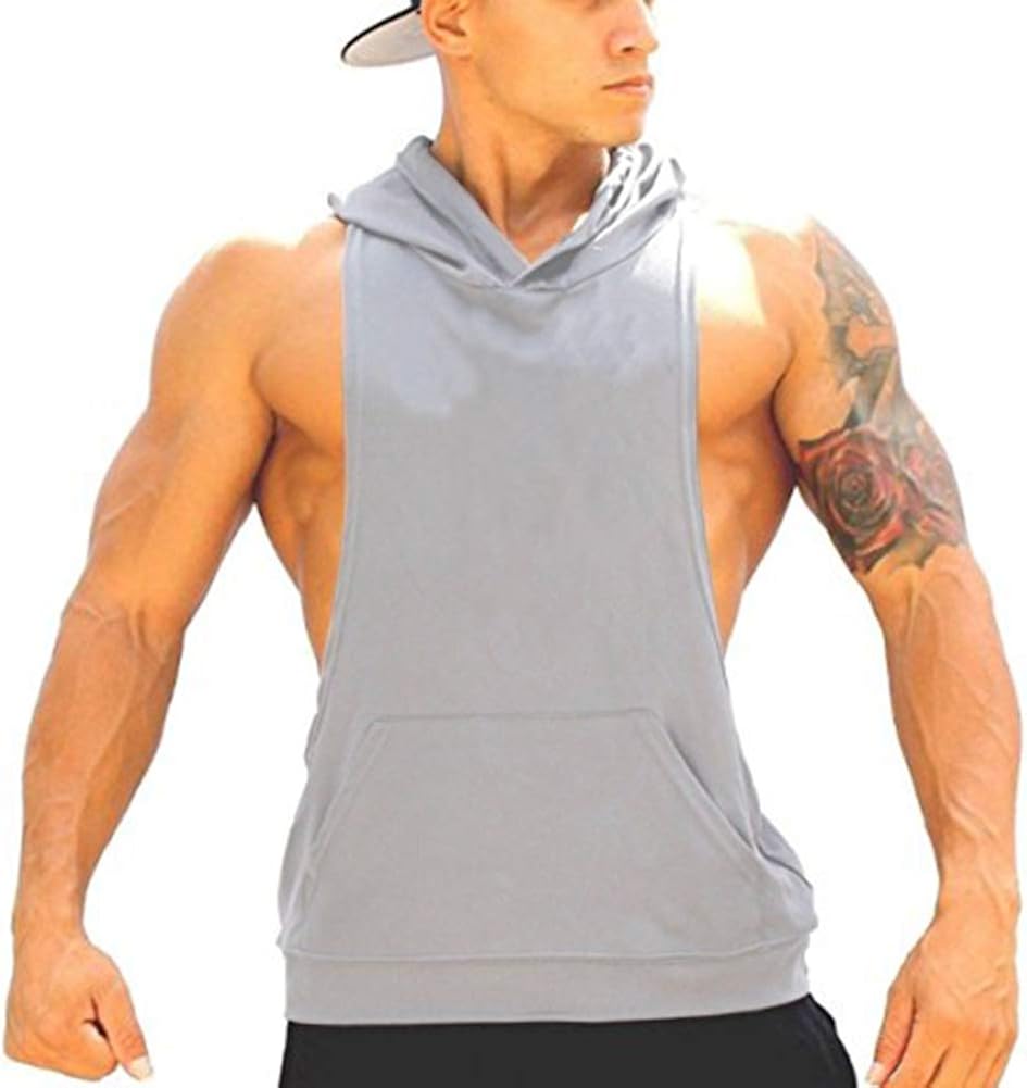 Panegy Men's Tank Top Hooded Pure Color Sleeveless Workout Fitness Pullover Sports T-Shirt: Clothing