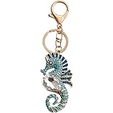 Ocean Seahorse Keychain for Women, Beach Seahorse Key Chain for Ladies, Cute Seahorse Summer Keychains, Blue Seahorse Vacation Keyring, Sparkling Rhinestone Seahorse Animal Keychain Accessories