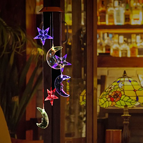 Color-Changing LED Solar Mobile Wind Chime, Pathonor LED Glowing Lights Waterproof Moon and Stars Wind Chimes 