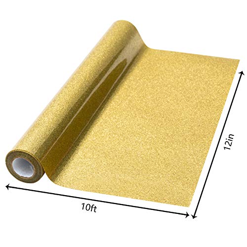 Gold Glitter Heat Transfer Vinyl Roll 12in x 10ft, Gold Glitter Iron on HTV Vinyl for Shirts