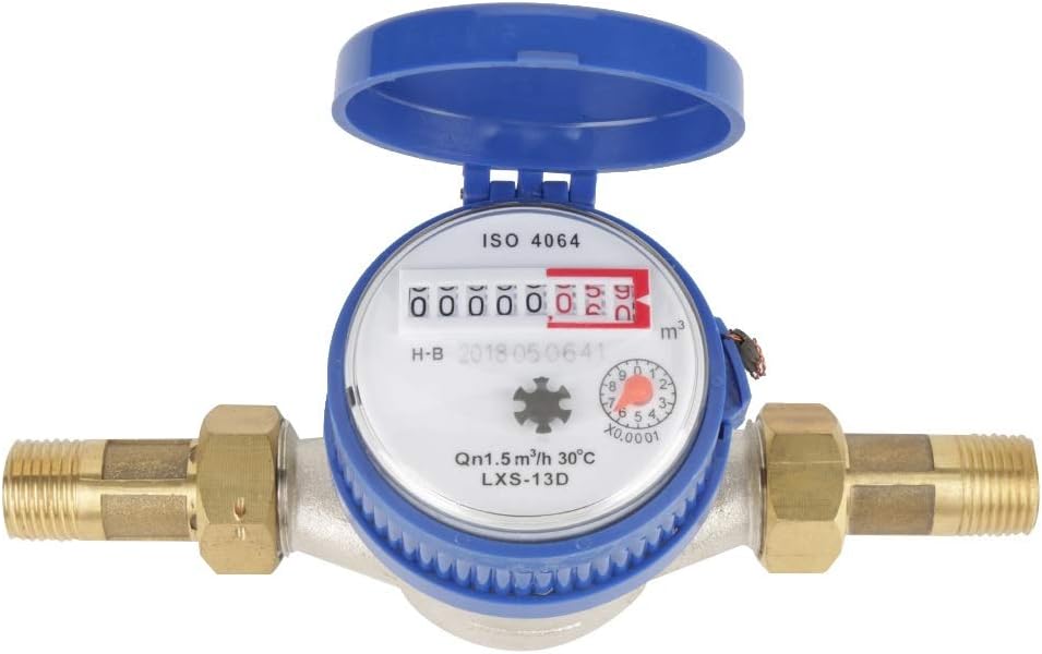 DEWIN Water Flow Meter 1/2 Inch Cold Water Meter with Fittings 15mm