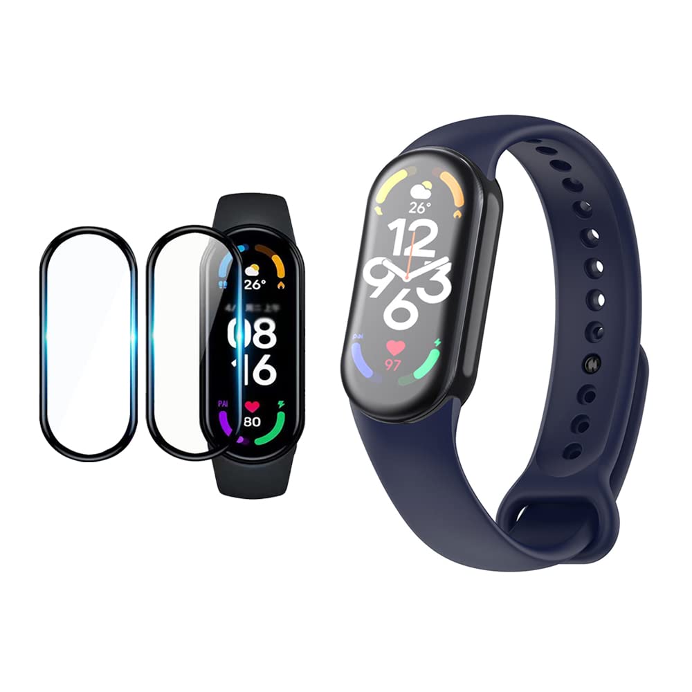QINOUK Silicone Strap for Xiaomi Mi Smart Band 8, [Breathable] Soft Silicone Sport Band, Replacement Wristband, [2 Pack] Screen Protective Film, for Xiaomi Band 8-Blue