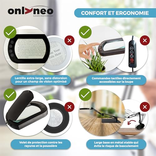 Onlyneo - 10X Magnifying Lamp on Stand, Rectangular XL Lens without Distortion, Desk Magnifying Lamp for Reading, Nailing, Diamond Painting, Crafts, DIY, 5 Colour and Brightness Modes