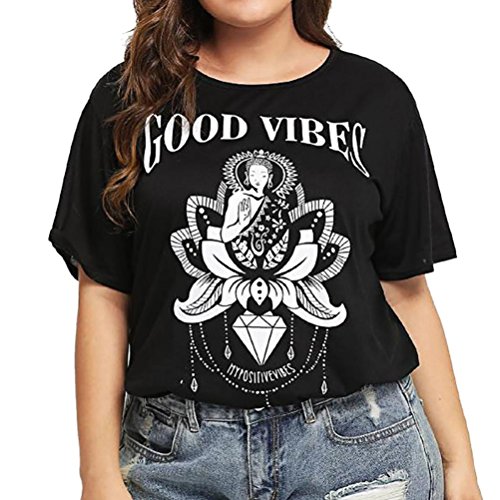 FEITONG Womens Plus Size Letter Printed O-Neck Short Sleeve Blouse T-Shirt Tops Good Vibes(2XL,Black)
