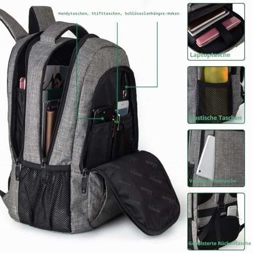 MATEIN 15.6 Inch Laptop Rucksack Multifunction Notebook Bag for Travel, Business, Work, Daypack with USB Charging Port, Gift for Men, Women, Grey