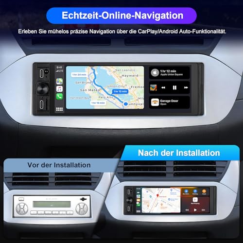 1 DIN Radio Compatible with Wireless CarPlay & Android Car, Car Radio 1Din with 6.28 Inch HD Screen, Navi, Bluetooth, AM/FM/RDS, TF, AUX, SWC
