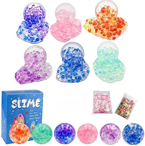SLOUEASY - 6Color New Idea Crystal Slime Putty with Fishbowl Beads, 6Color Fluffy Floam Slime Stress Relief Toy Scented Sludge Toy for Kids and Adults, Clay Molds Doughs, Craft Beading Suppliers(6+2)